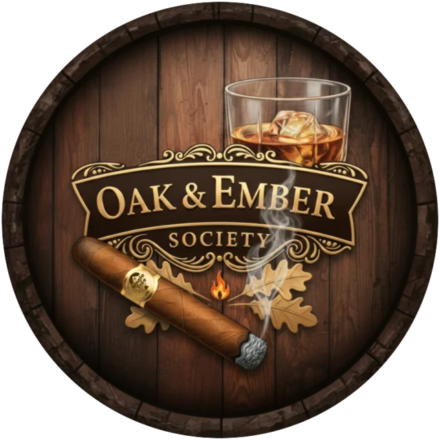 Oak & Ember Society logo: a whiskey barrel lid with a glass of bourbon, a cigar and oak leaves